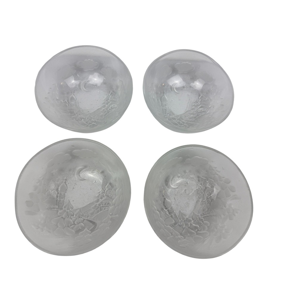 Vintage Frosted Glass Winter Scene Bowls Set of 4 Christmas Village Moon Stars - Picture 2 of 8